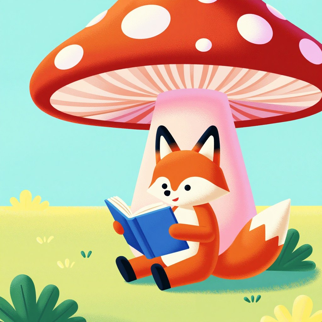 Fox Reading Under a Mushroom — Whimsical Pop Illustration style