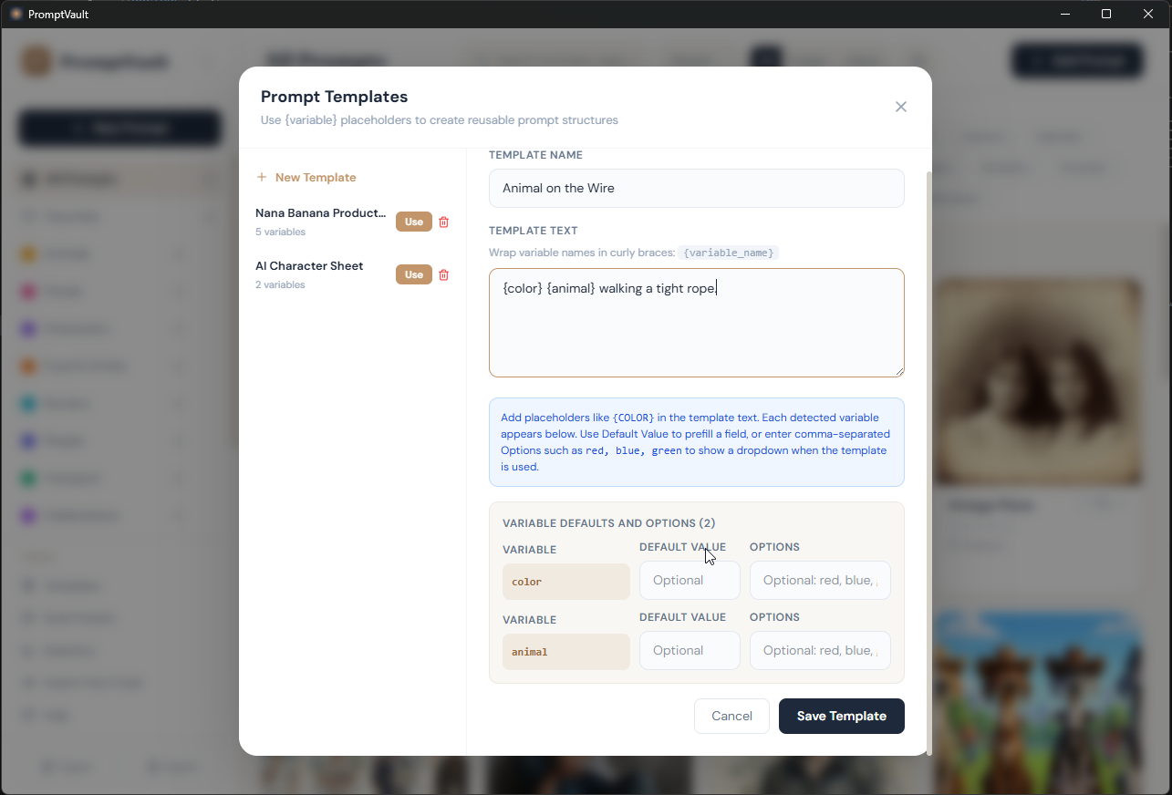 Template creation interface